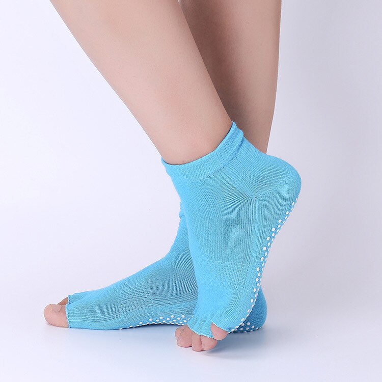 Calcetines de Yoga antideslizantes profesionales para mujer, medias de cinco dedos, de algodón puro, antideslizantes, cálidos, para Otoño e Invierno: half toe-blue