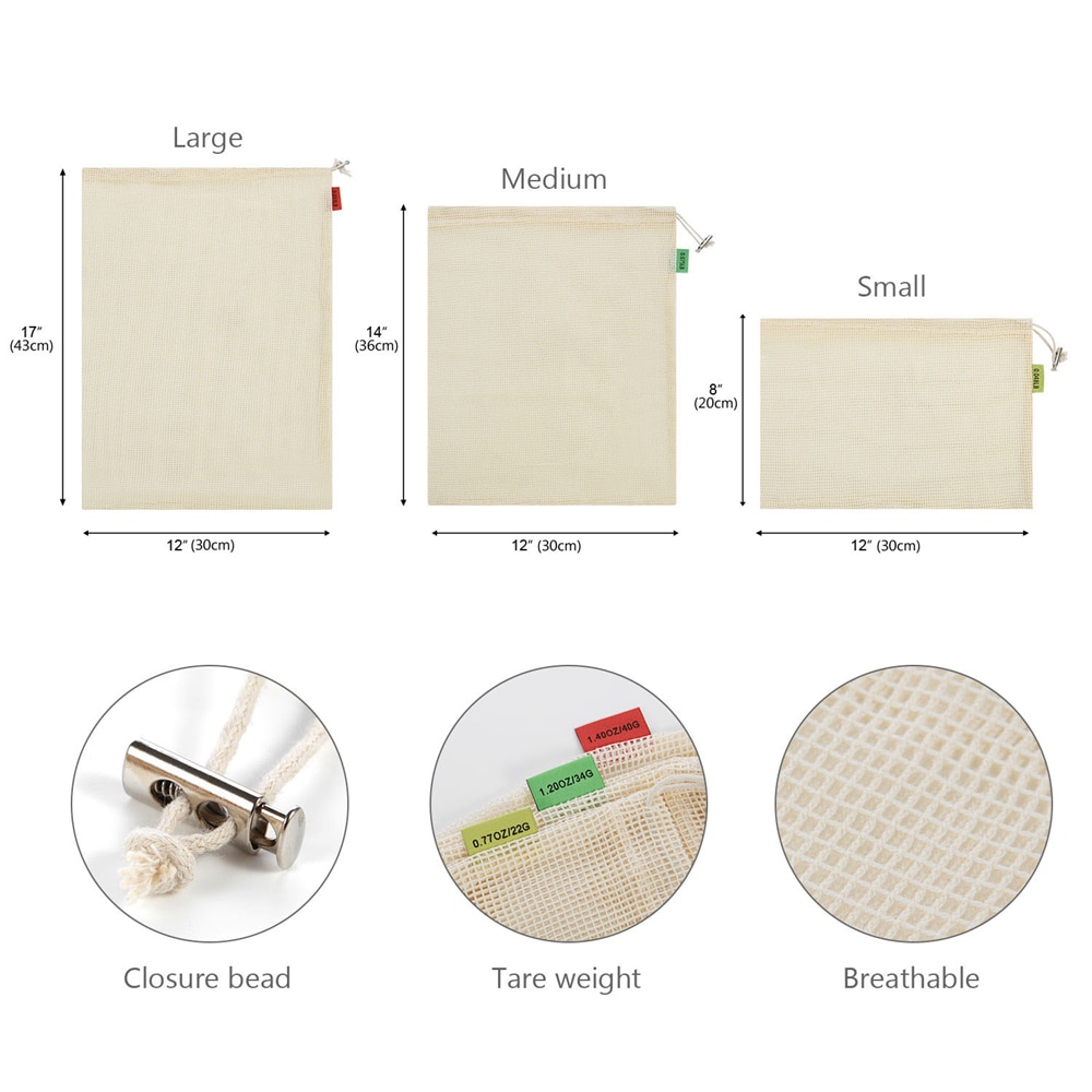 Biologisch katoenen netzak, herbruikbare netzakken voor groenten en fruit, milieuvriendelijke groente- en fruitboodschappentas met trekkoord