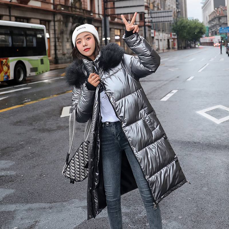 Neue Frauen Langen Mantel Parkas Weibliche Glänzend Winter warm Verdicken Faux Pelz Mäntel Silber Unten Jacke Parker Jacke Mantel
