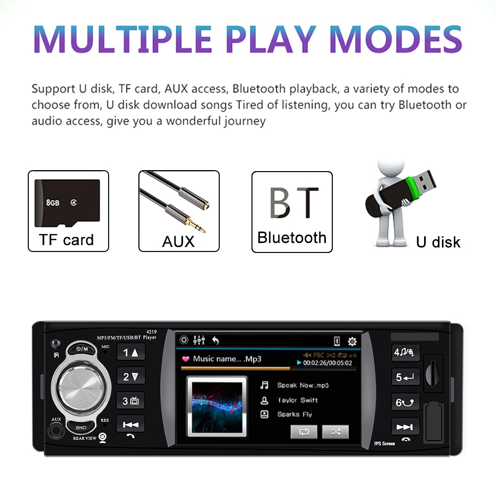1 Din 4.1 Inch Car Radio Auto Parts TF USB Fast Charging Bluetooth 4.2