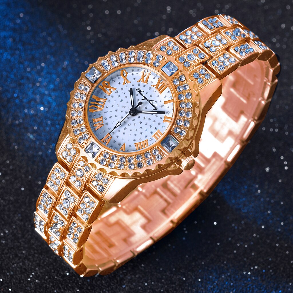 Women Gold Rhinestone Bracelet Watches Luxury Stainless Steel Waterproof Quartz Dress Wrist Watches Relogio Feminino