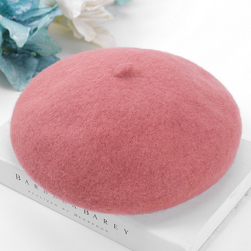 Women Wool Solid Color Beret Female Bonnet Caps Winter All Matched Warm Walking Hat Cap: Leather powder