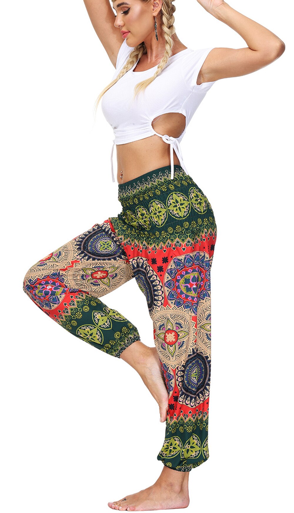 Pantaloni da donna Harem pantaloni da Yoga indiani bohémien a vita alta Smocked pantaloni larghi Boho Hippie con tasche