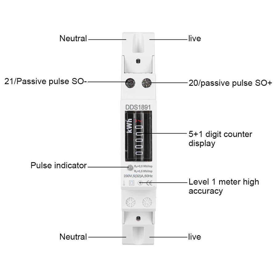 Enkele Fase Power Meter DDS1891 Hoge Nauwkeurigheid 2P Lcd Elektriciteit Rail Energy Meter 50Hz 230V Kwh Meter