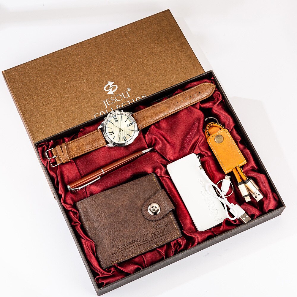 XSVO uhr männer armbanduhr herren armbanduhr einzigartige mens 5 teile/satz Boutique einstellen Brieftasche + Energie Bank + keychain + Uhr + Stift: Braun