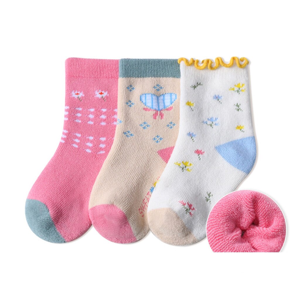 3 paia di calzini per neonati invernali addensati caldi per bambini ragazze ragazzi spugna Cartoon asciugamano per bambini calzino accessori per neonati: Pink Love Floral / L(3-5Y)