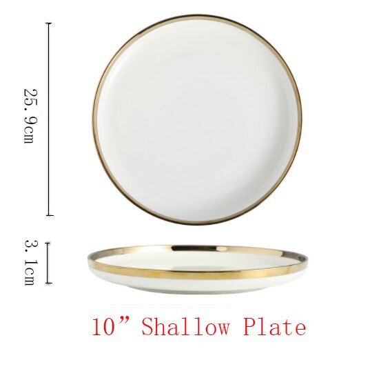 Ceramic Gold Plated Edge Plate Tableware Set White Porcelain Dinner Plate Household Kitchen Rice Bowl Salad Dish Steak Tray: H