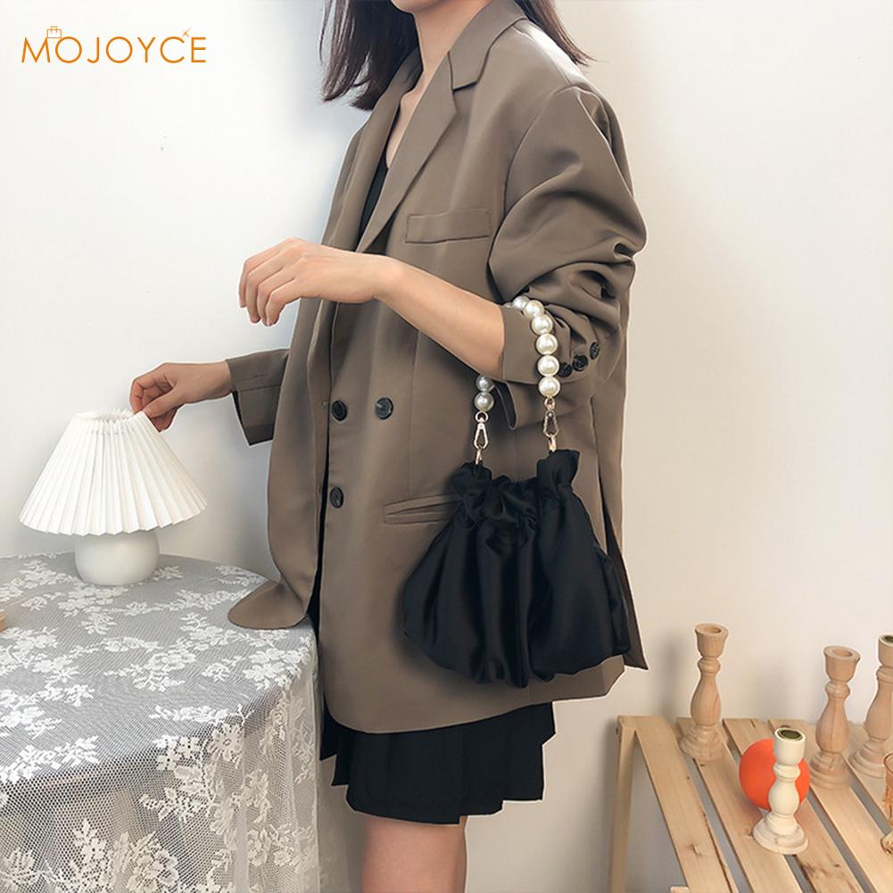 Plissee Schulter Tasche Frauen Klassische Textur Kreative empfindlich schick Satin- Perle Griff Totes Weiblichen Kette Kleine Handtasche