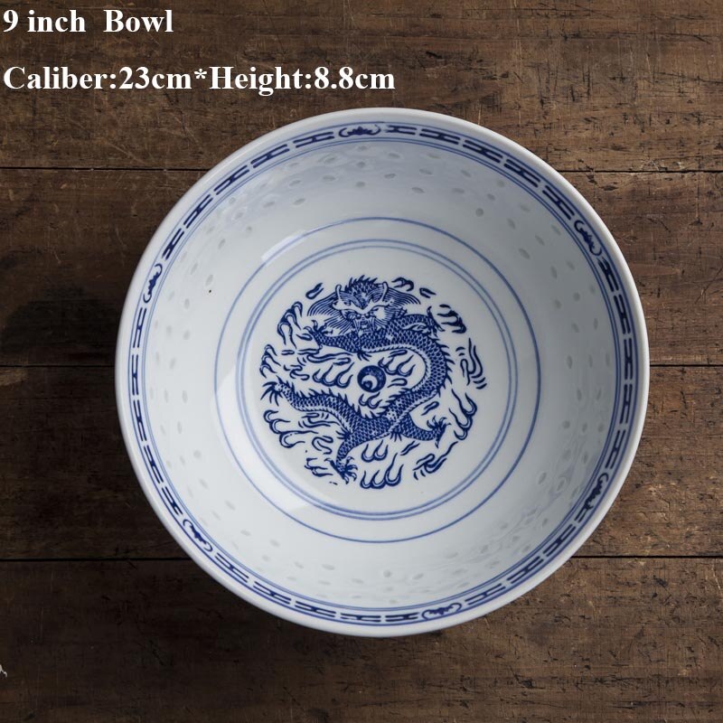 Jingdezhen – bol Ramen creux en porcelaine bleu et blanc, Vintage motif de Dragon chinois, bol de riz, vaisselle de cuisine: 9inch Bowl