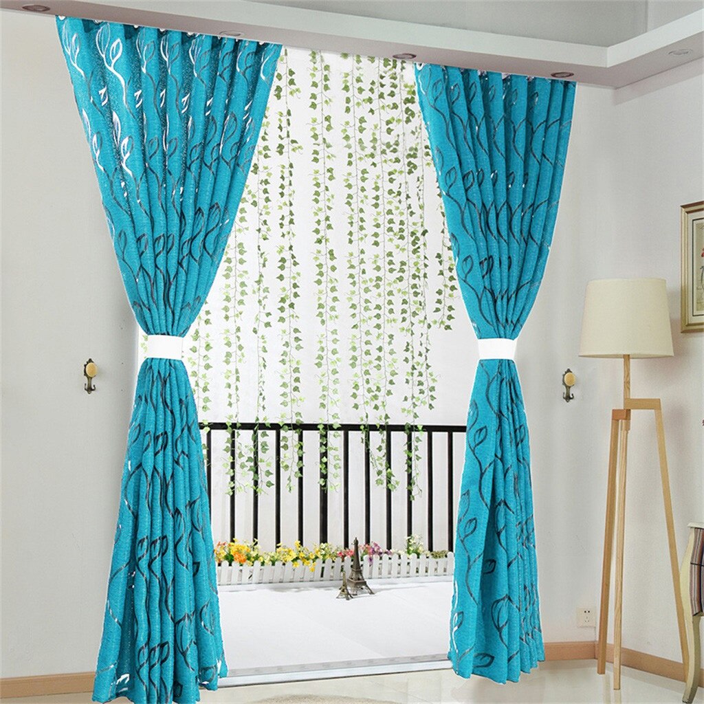 1 Pcs Vines Leaves Tulle Door Window Curtain 100x130cm Drape Panel Sheer Scarf Valances Fly Curtain For Door Beads #LR1: Blue