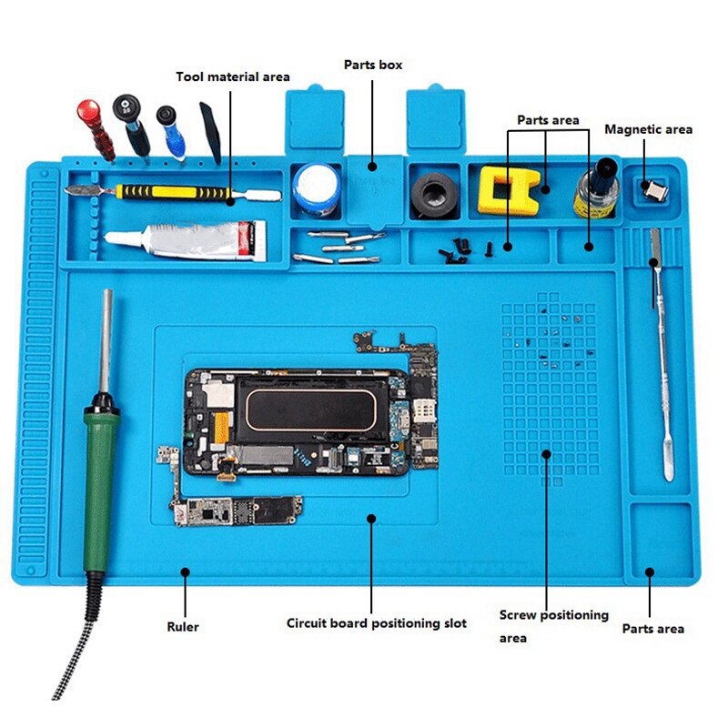 Soldering Mat Heat Insulation Silicone Repair Mat with Scale Ruler and Screw Non-Slip Electronic Repair Mat