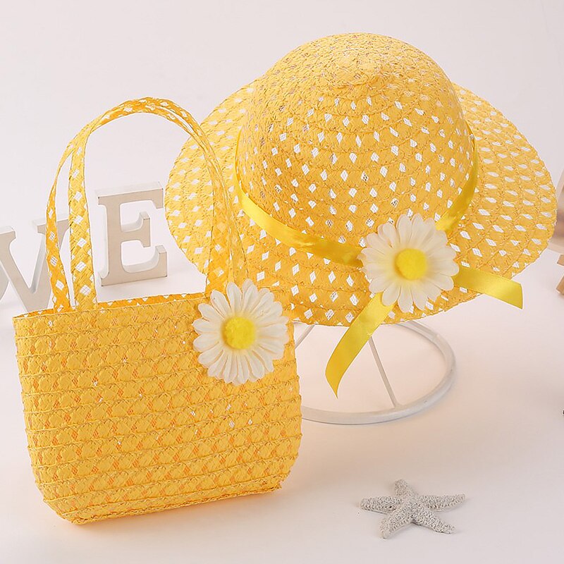 Straw Hat Summer Children Sun Flower Solid Color Lace Sun Hat Kids Sweet Bonnets Girl Beach Travel Hat Cap With Woven Basket: 11 With Basket