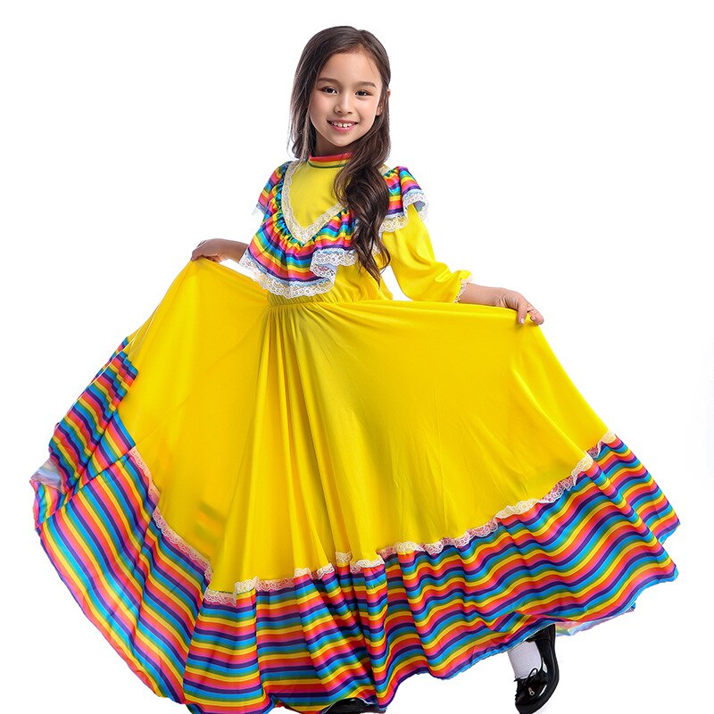 Robe traditionnelle mexicaine pour filles, longue jupe de danse gitane jaune à grands cercles, Costume d&#39;halloween et de carnaval du jour des morts: YELLOW / XS