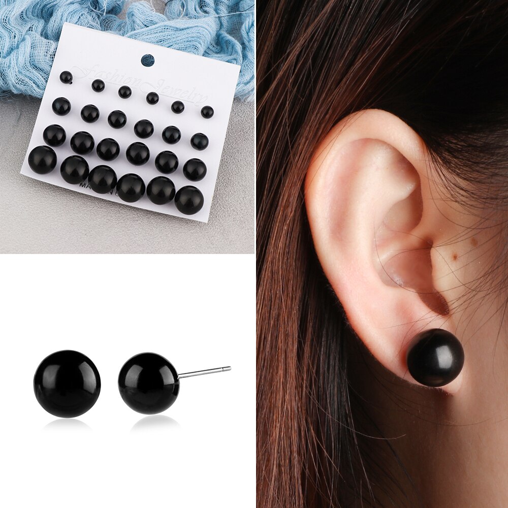 12 Pairs Vrouwen Sieraden Op Oor Bal Stud Oorbellen Kit Zwart Beige Gesimuleerde Parel Oorbellen Set Voor Bijouteria Brincos Bijoux