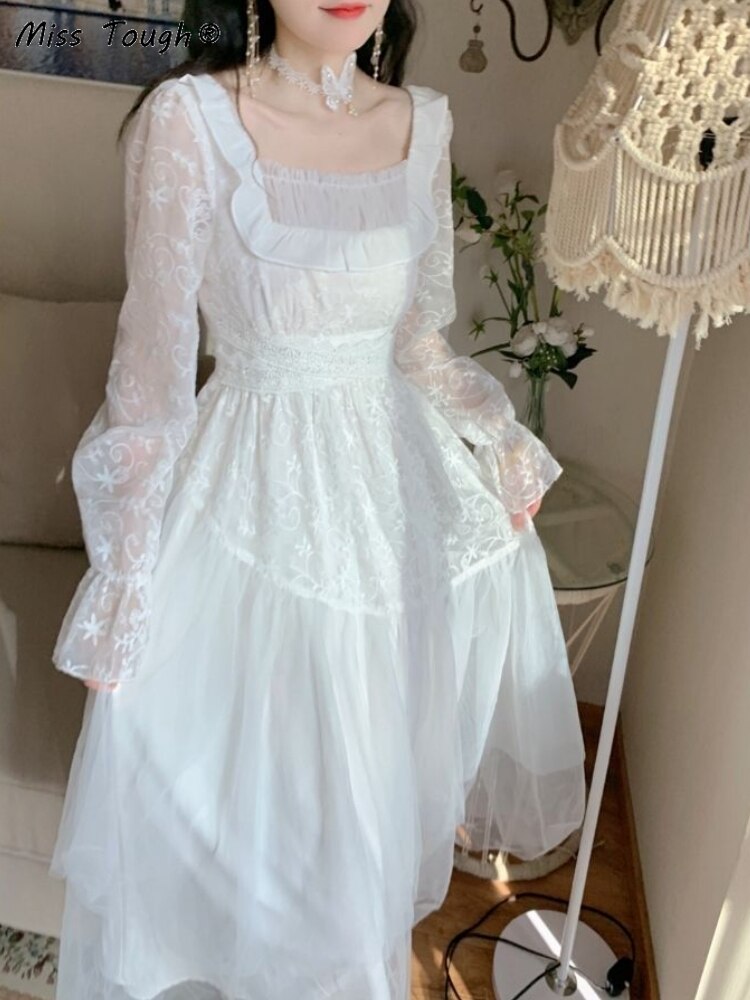 Vintage Evening Party Long Dress Women Lace France Retro Princess Fairy Dress White Korea Sweet Dress Female Summer 2022