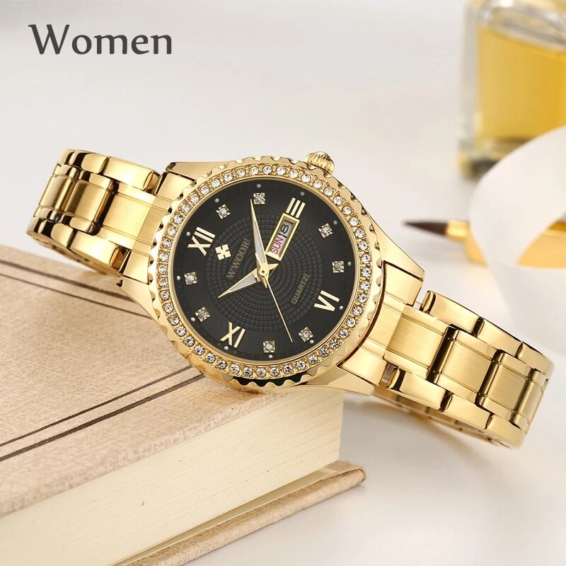 WWOOR, Reloj de pulsera de oro para Mujer, Reloj de Mujer de acero inoxidable resistente al agua, vestido informal, Reloj de cuarzo para Mujer, Reloj de Mujer