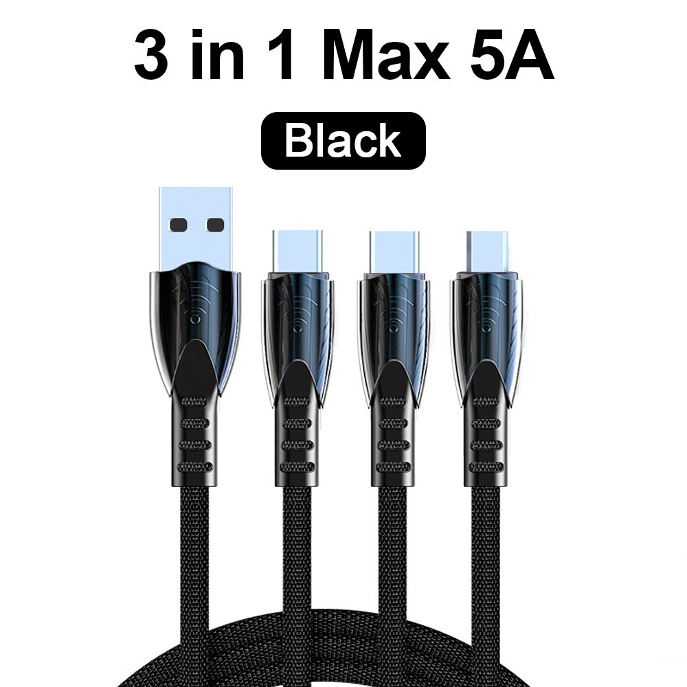 Grma 3 in 1 5A Charger USB Cable for iPhone Samsung Xiaomi Phone Aviation Alloy Head 3in1 Fast Charging Micro USB Type C Cable: Black  5A / 1.2m