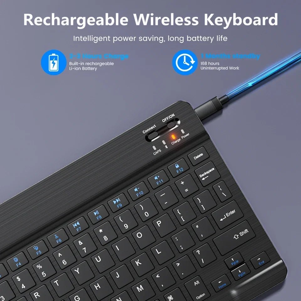 Teclado inalámbrico recargable con Bluetooth de 7/10 pulgadas para teléfonos móviles, tableta, ruso, español, francés, AZERT, Android, ios y Windows