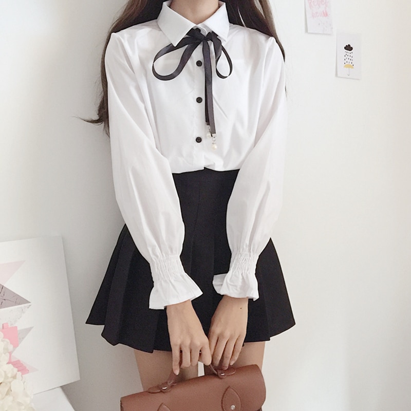 Leuke Boog College Wind Overhemd Vrouwelijke Flare Mouw Vrouwen Blouse Harajuku Uniform Shirt Lace Up Witte Blouses Vrouw Tops