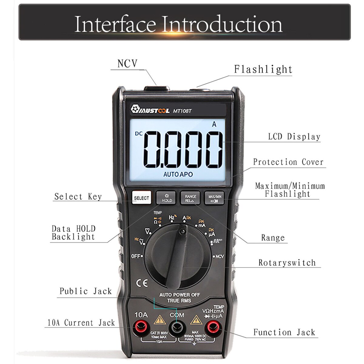MUSTOOL MT108T Digital Multimeter 6000 Counts True RMS NCV Temperature Tester Square Wave Output Backlight Electronic Meter