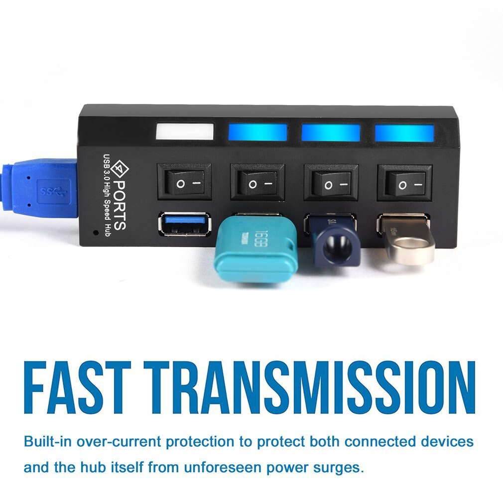 High Speed USB 3.0 Hub 4 Ports Speed 5gbps with On/off Switch and Cable Universal for PC Laptop Computer Desktop Black