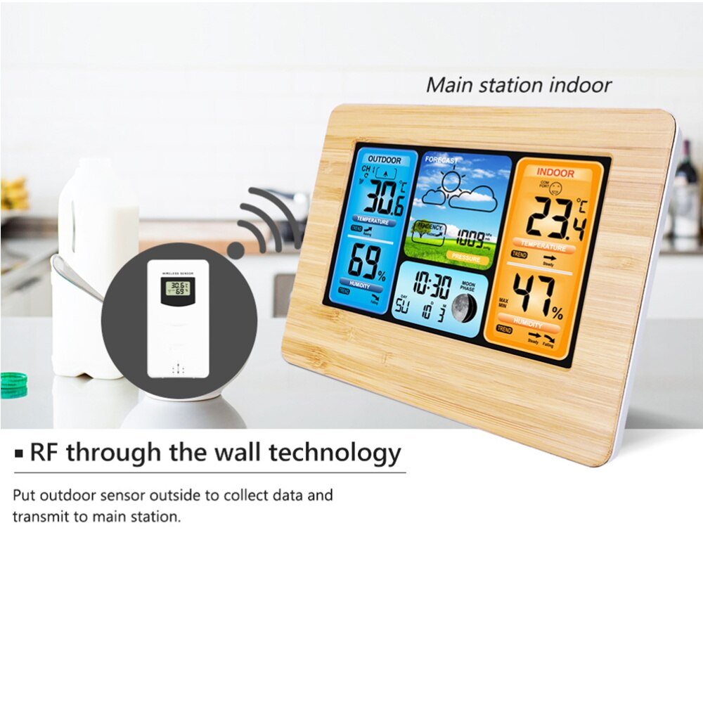 Wireless Weather Clock Indoor Outdoor Thermometer Hygrometer Digital Weather Forecast Barometer Calendar Alarm Clock without Bat