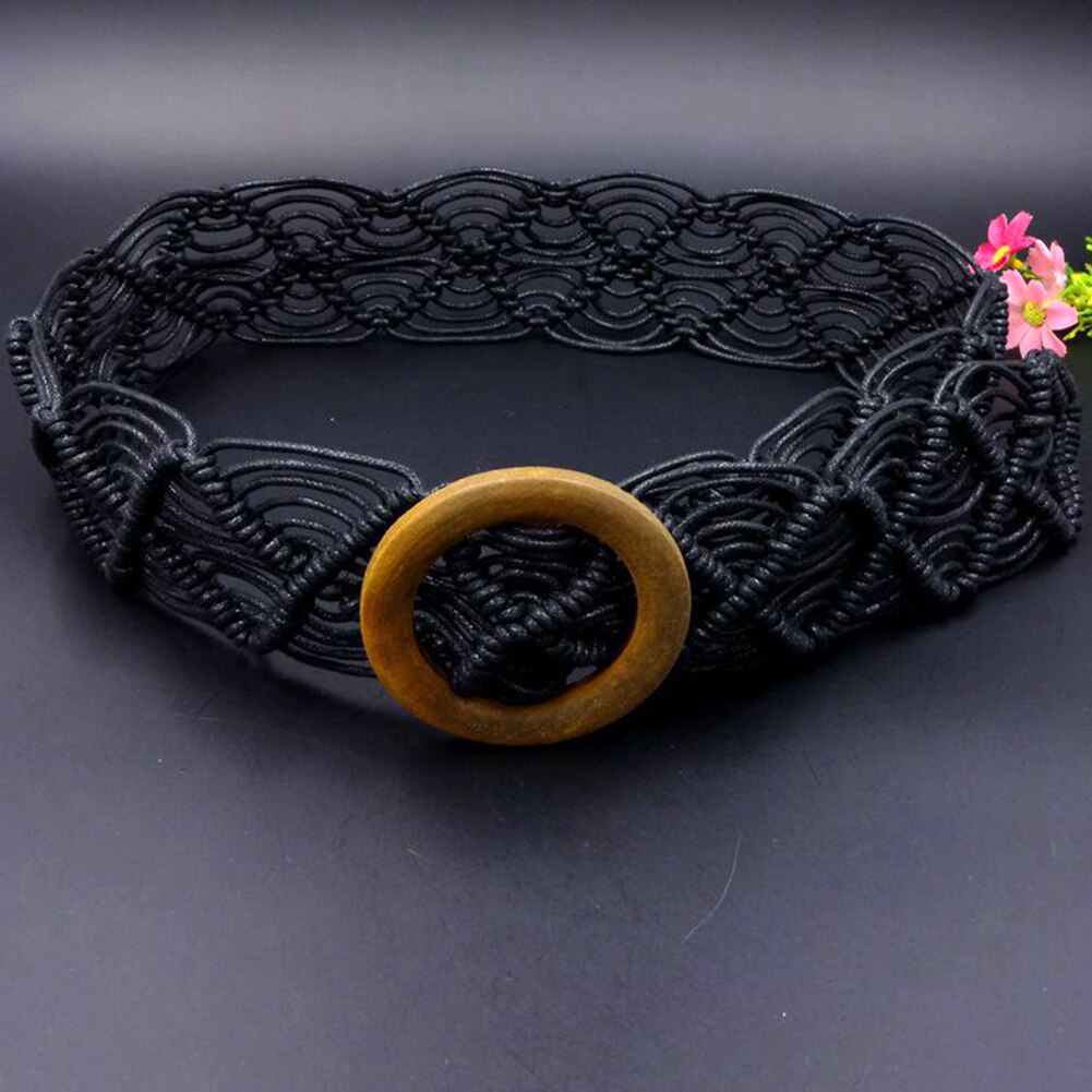 Hebilla de madera redonda trenzada a mano para mujer, Cinturón liso de Estilo bohemio, cuerda de cera, cinturón de punto, cinturones informales de color caqui para mujer,: Black