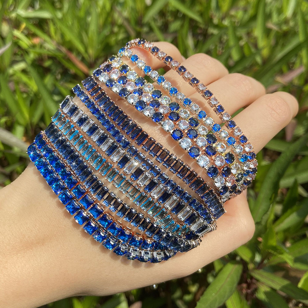 Pulseras de tenis ajustables para mujer, cadena de cristal de circonia brillante azul en la mano, pulsera con dijes para mujer, joyería de tendencia, para niña