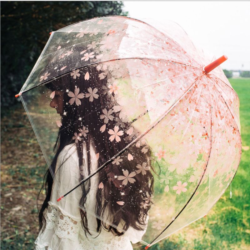 Romantic Transparent Clear Flowers Bubble Dome Umbrella Half Automatic For Wind Heavy Rain C90D