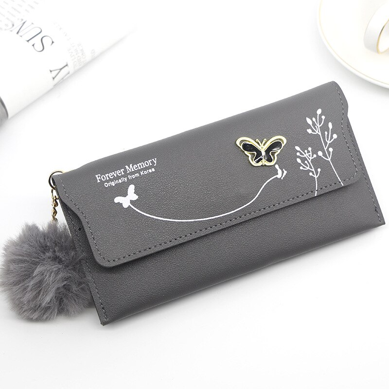 Modieuze Vrouwen Lange Portefeuilles Pure Kleur Wol Boog Clutch Bag Card Bag Coin Purse Standard Wallets Pu Solid Polyester: Gray