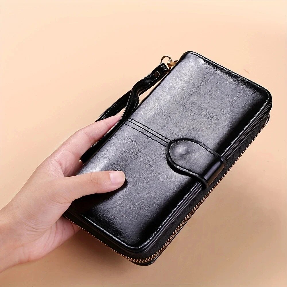 Women's Vintage Oil Wax PU Leather Clutch Wallet Female Large Capacity Phone Purse Ladies Wristband Simple Card Holder Pouch Bag: black