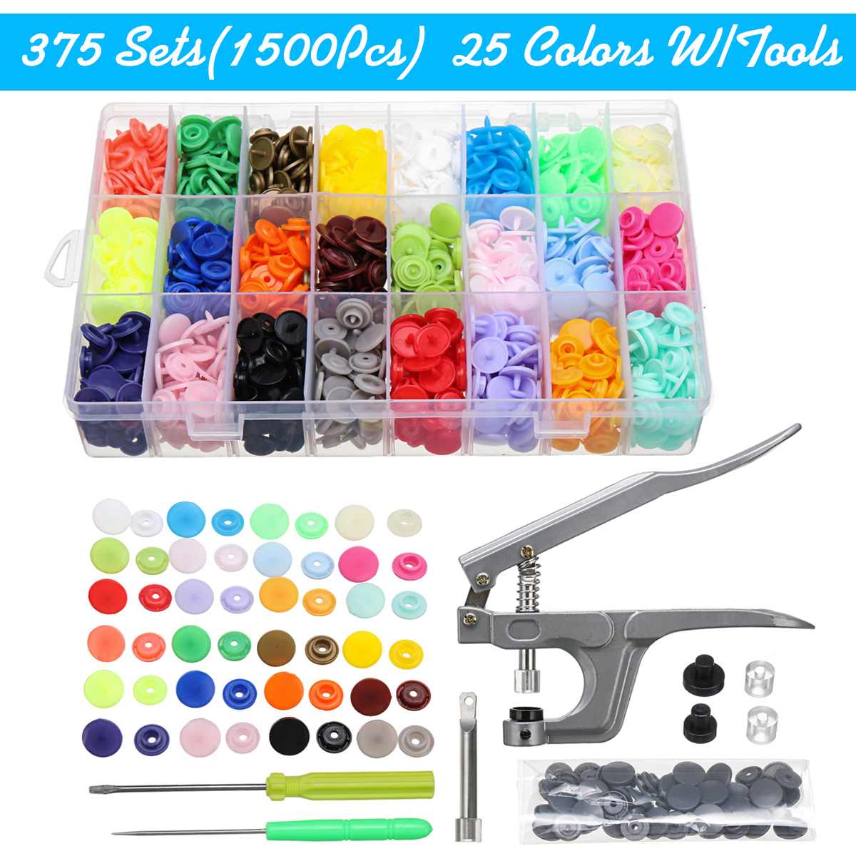 1500pcs T5 Buttons Fastener Resin Press Stud Snap with Pliers Screw Driver Tool DIY Baby Clothing Plastic Buttons Set 25 Color: with Plier
