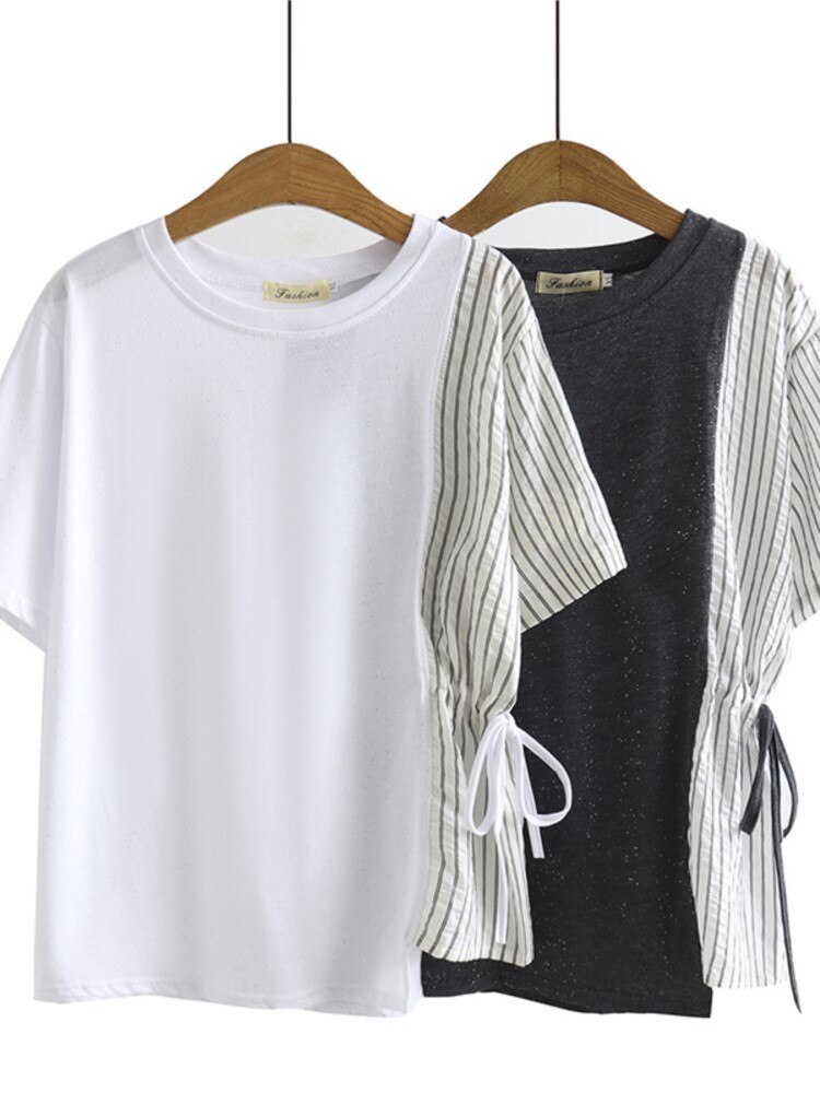 Plus Size Tops Vrouwen Kleding Femme T-shirt Gesplitst Gestreepte Trekkoord Zomer Korte Casual Korte Mouw Heldere Zijde Tees