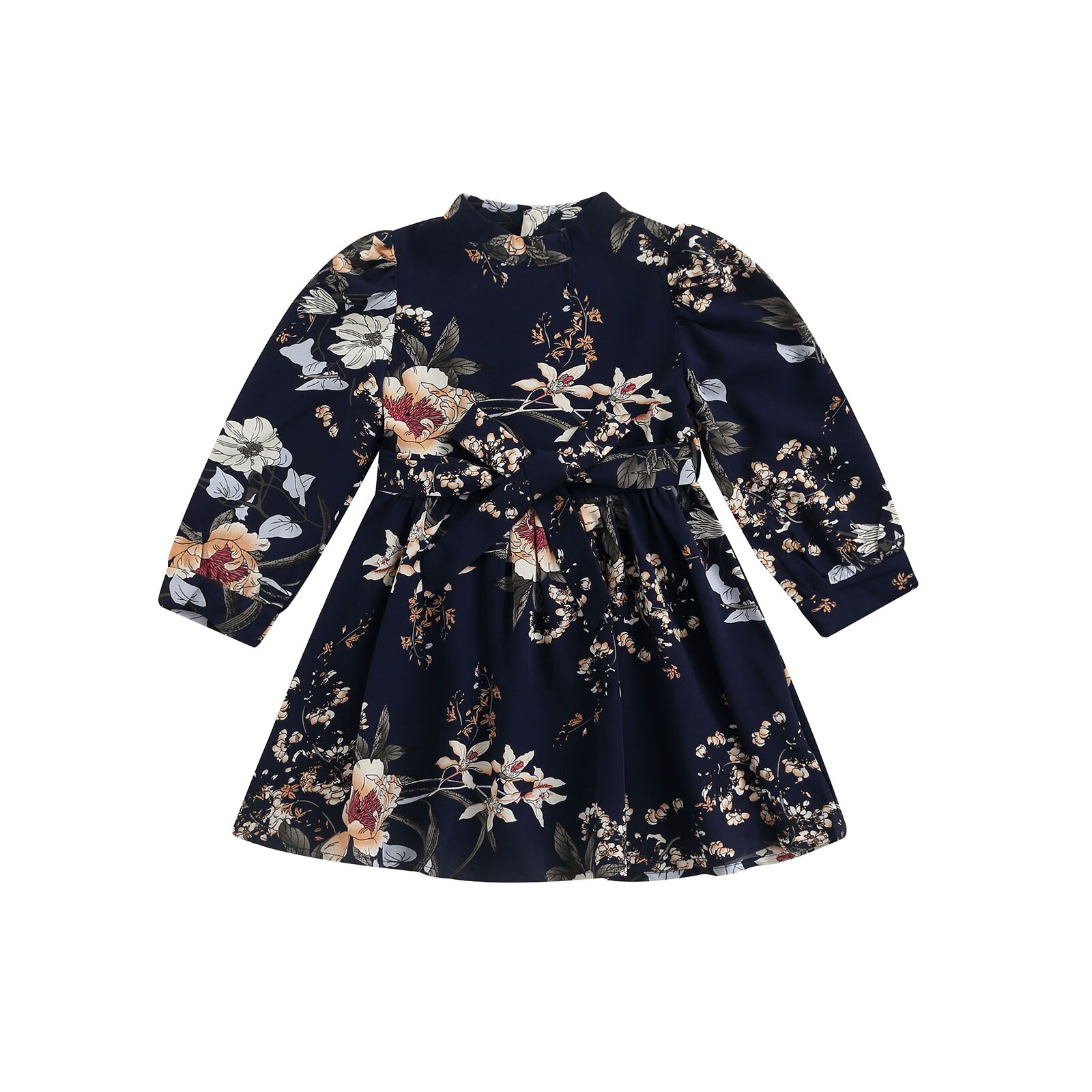 3-7 år flickor vår-höstklänning långärmad blommigt tryckt smal passform kort klänning kungblå/rosa: B / 3t