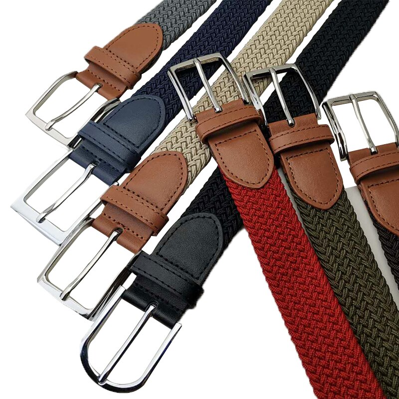 Green Longer Elastic Belts For Men Woven Braided Fabric Comfort Stretch Casual Belts Wide Metal Stretch Canvas Belt