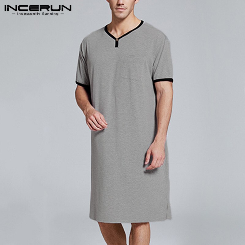 Men Sleep Tops Short Sleeve Summer Homewear Loose Breathable Long Casual V Neck Men Sleepwear INCERUN Plus Size Long Blusas