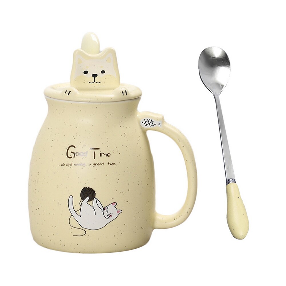 420ml Cute Cat Mugs With Spoon Coffee Tea Cups With Handle Resistant Mok Cup Set For Drinking Color Heat Resistant: yellow with lid