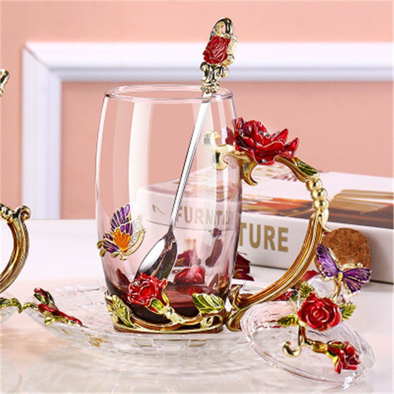 Te glas emalje kaffekop skønhed blomst blå roser krus til og kolde drikke te juice kop ske sæt perfekt bryllup