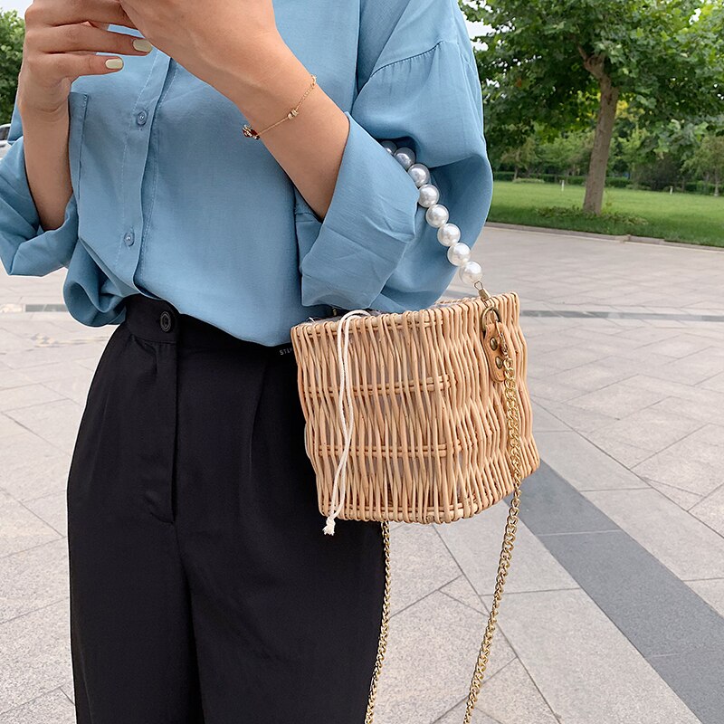 rotin carré femmes sacs à bandoulière perles poignée sacs à main en osier tissé été plage paille sac dame chaînes bandoulière sac à main