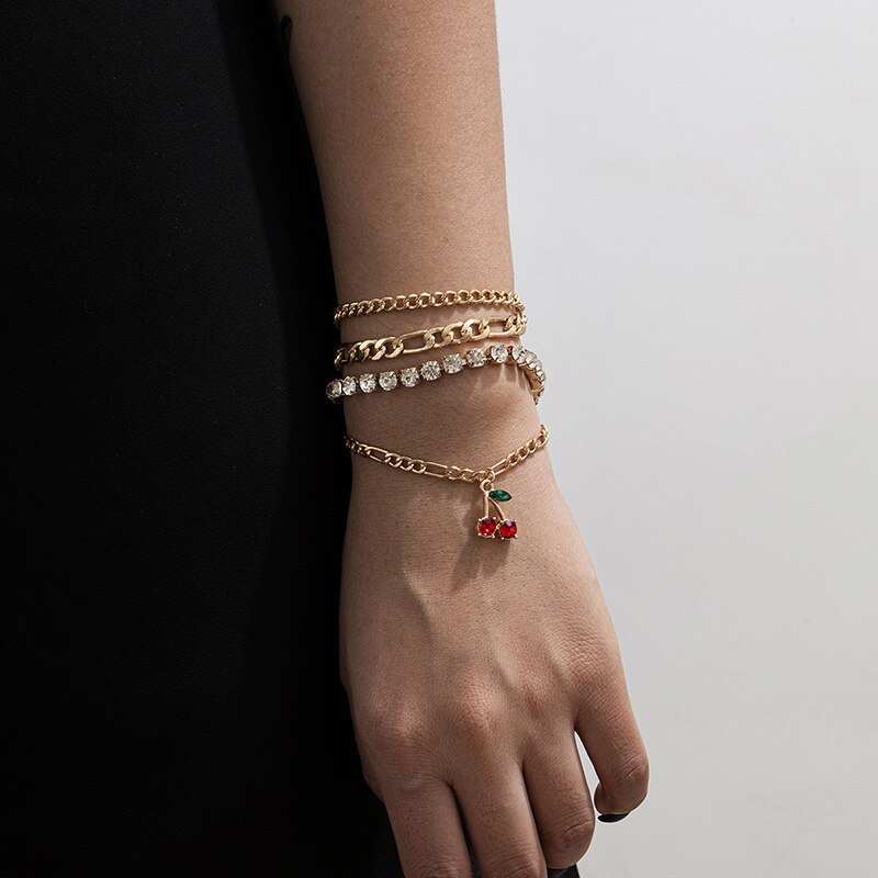 Populaire ins kersen armbanden voor vrouwen meerlaagse strass schakelketting bedelarmband dames sieraden