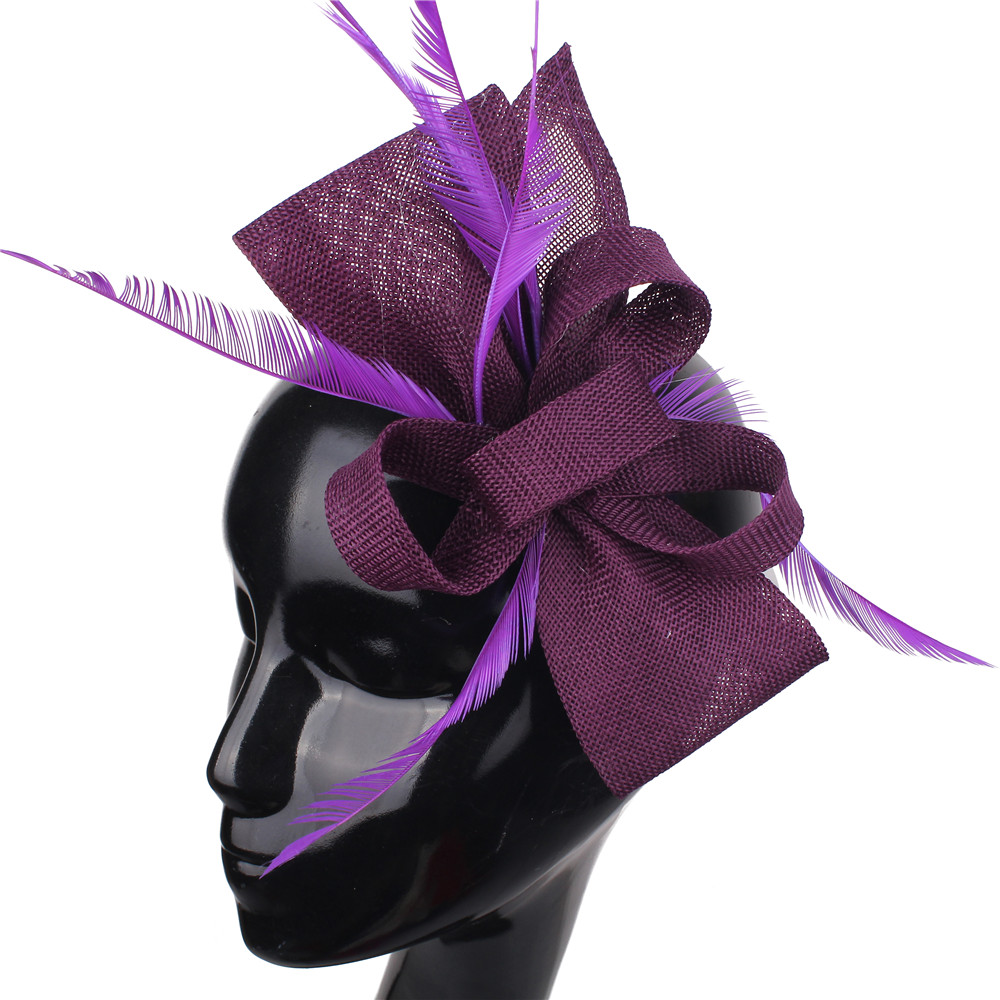 Nachahmung Sinamay Hochzeit Kopfbedeckung Braut Champagner Fascinator Hut Haarnadel mit ausgefallenen Federn Haarschmuck Damen Kopfschmuck: Lila