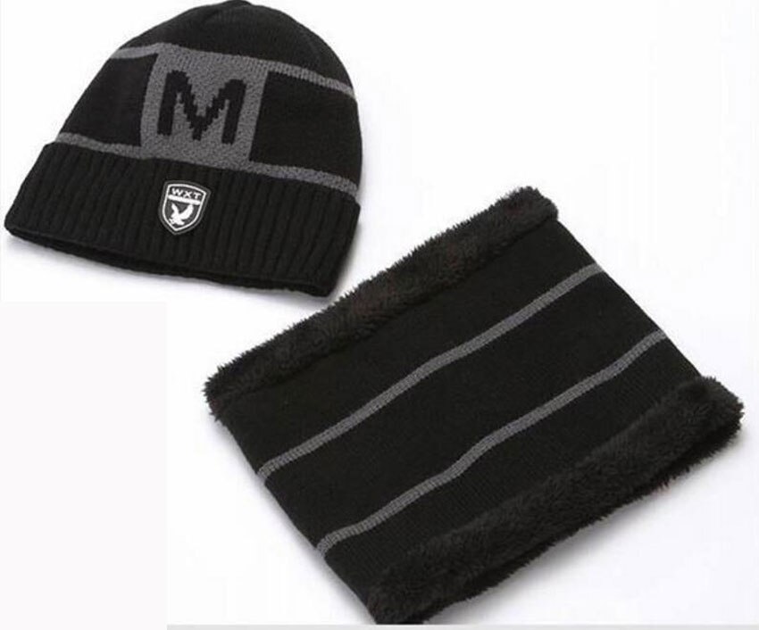 Varm vinter mænd hat tørklæde til uld kvinder hætter og tørklæder stribe brev strikkede beanies cap 2 stk sæt mandlige skullies maske motorhjelm