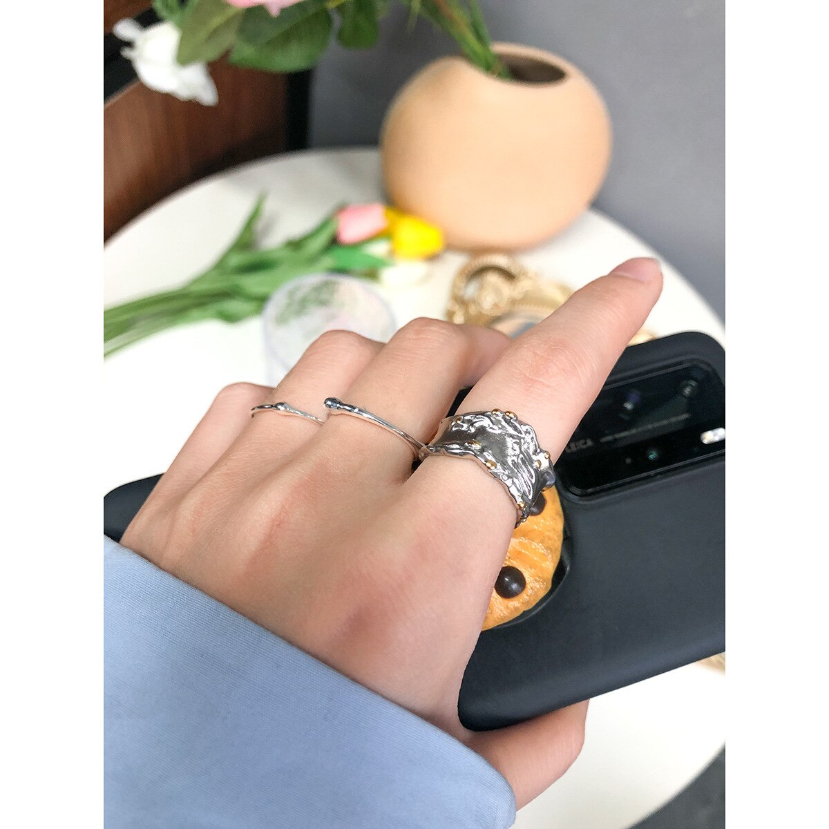 Echt 925 Sterling Silber Breite Ringe Für Frauen Zubehör, Punk Hiphop Irreguar Doppel Farbe Ring Party Weibliche Finger Schmuck