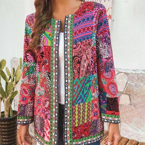 6XL chaqueta abrigo de de las mujeres de otoño e invierno de etnia Floral manga larga chaqueta de abrigo suelto ropa Chic superior: L / Rojo