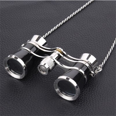 3X25 exquisite opera glasses theater glasses lady opera binocular with chain with handle + red box: Black