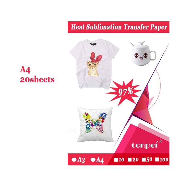 Papel de transferencia por sublimación térmica A3 A4 para camisetas de poliéster, tela, funda de teléfono, de impresión para impresoras de inyección de tinta: A4 20 Sheet