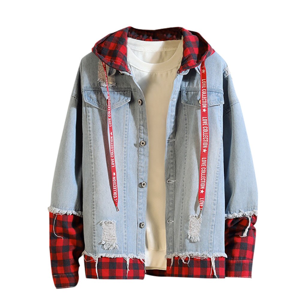 Mens Jackets And Coats Blue Holes Denim Coats Men Spring Autumn Loose Casual Jean Jackets plaid Denim Jackets: Blue / L