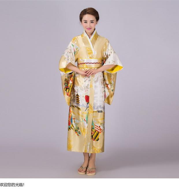 Mujer señora tradición japonesa Yukata traje de kimono japonés Cosplay traje Floral: YELLOW