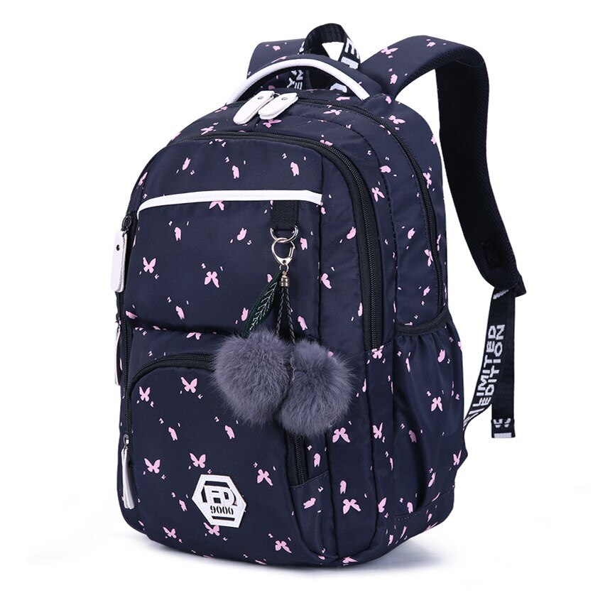 Okkid Kids Leuke Roze Bloemen Rugzak Student Schooltassen Voor Meisjes Bont Bal Vrouwelijke Laptop Rugzak 15.6 Kind Reizen tas: black butterfly