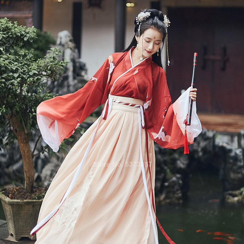 Vestido de danza folclórica del Festival de ropa tradicional china Hanfu para las mujeres niñas Retro de la vendimia de la grúa de hadas bordado de gasa conjunto rojo